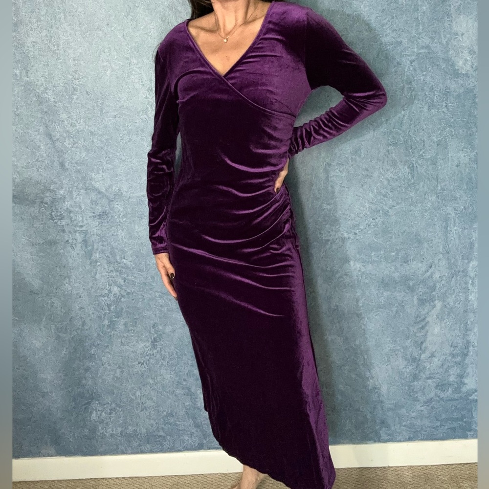 Elegant Purple Velvet Wrap Style Maxi Dress